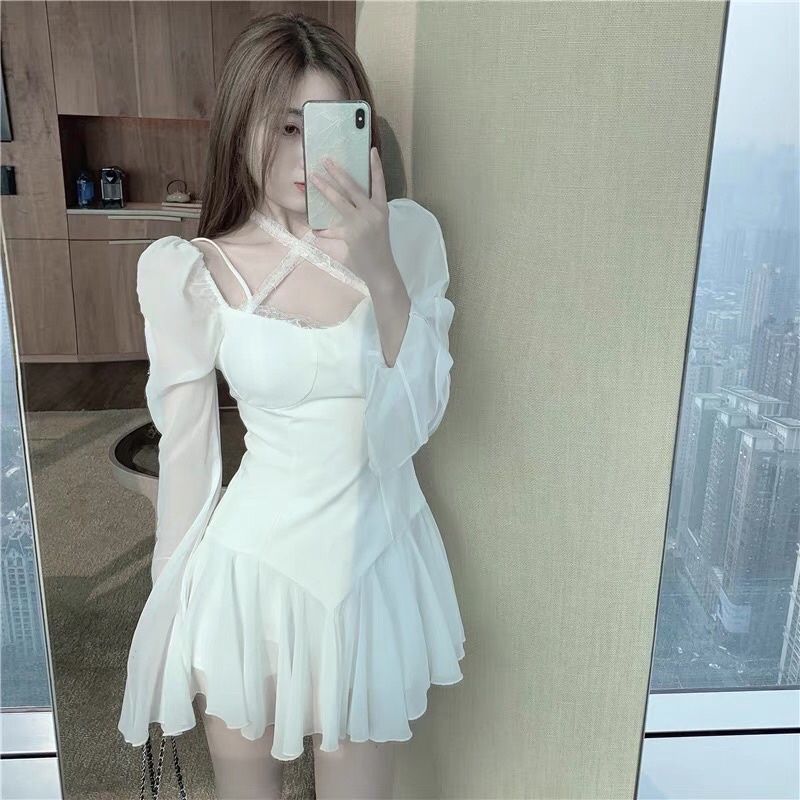 Đầm đan dây cổ tay dài dâng xoè siêu xinh xắn