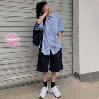 Set áo sơ mi tay ngắn + quần short lưng cao thời trang nữ