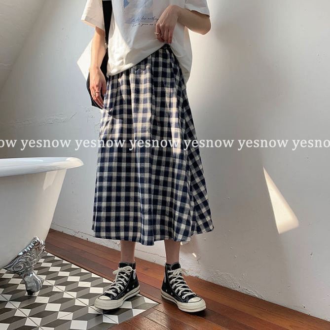 Chân váy dài kẻ ô vintage phong cách Ulzzang Hàn Quốc - Chân váy bút chì kẻ xẻ tà | BigBuy360 - bigbuy360.vn