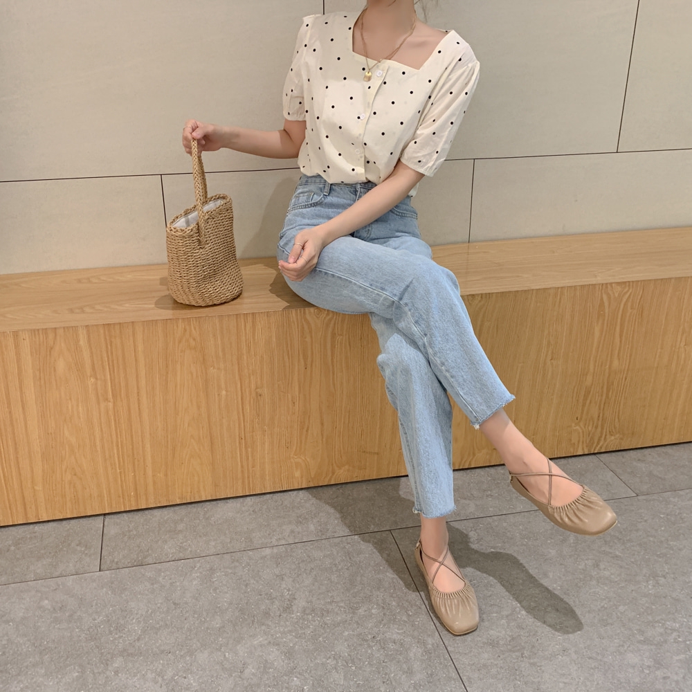 SUXI Áo sơ mi tay ngắn họa tiết chấm bi thanh lịch thời trang phong cách Hàn Quốc cho nữ
