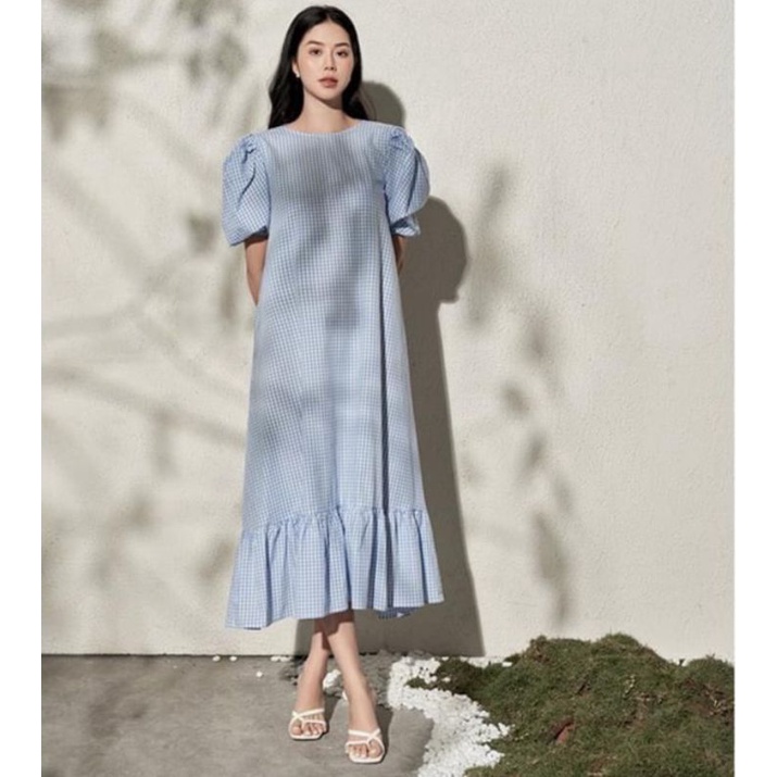 Đầm maxi caro dáng suông tay bồng vnxk