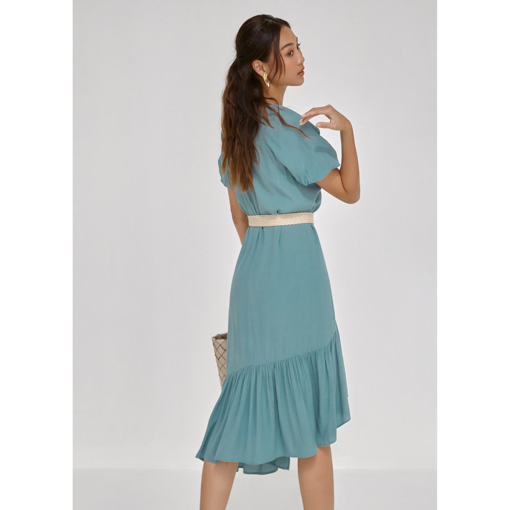 Đầm maxi tà chéo nữ YV LE &amp; CO vải xô hàn màu xanh thanh lịch