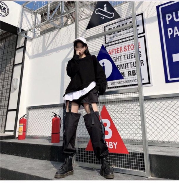 YAS0678-Set áo quần hiphop harajuku đen