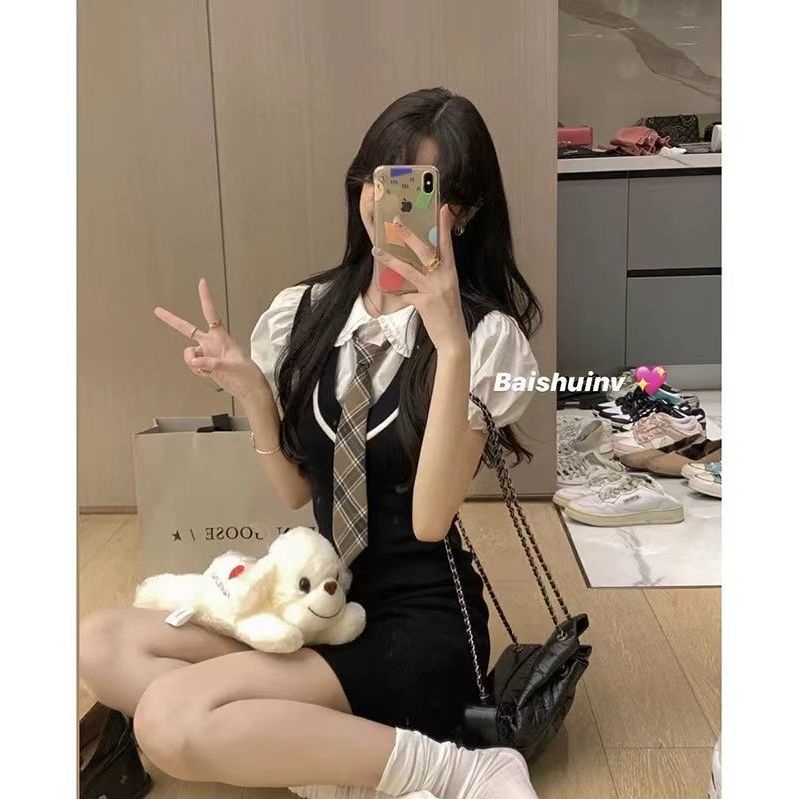 Đầm Giả Hai Lớp Cổ Polo Tay Phồng Thời Trang Mùa Hè Hàn Quốc Mới Cho Nữ