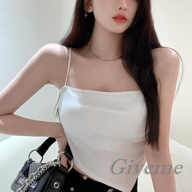 Áo Hai Dây Spaghetti Ngắn Màu Trơn Có Đệm Ngực Cho Nữ Giới Màu Trắng / Đen / Cà Phê Đậm