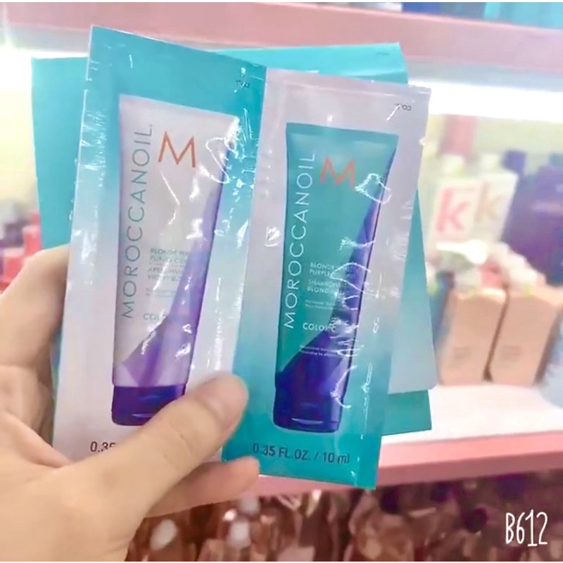 DẦU GỘI XẢ TÍM KHỬ ÁNH VÀNG CHO TÓC TẨY TÓC BẠCH KIM HAY TÓC MỎROCCANOIL BLONDE PROTECTING VIOLET size du lịch 10ml x 2