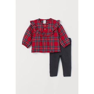 Set gồm áo sơ mi caro đỏ và quần legging đen, bé gái, HM UK săn SALE sz từ 9m-3y
