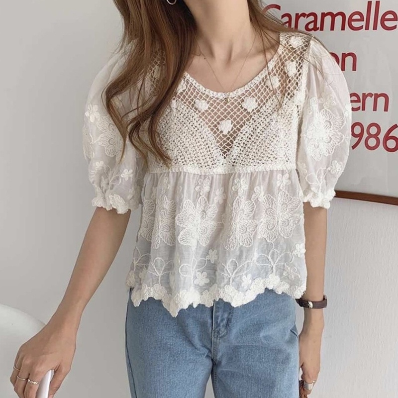 Brroa Áo Kiểu Tay Phồng Cổ Tròn Thêu Họa Tiết Phong Cách Cổ Điển Thời Trang Cho Nữ