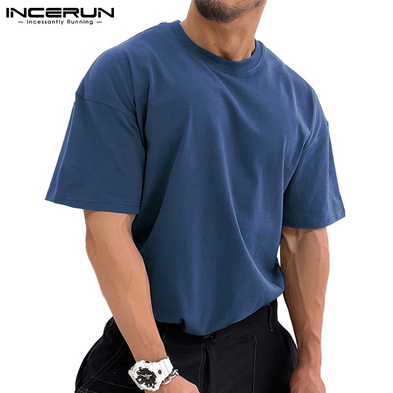 Áo thun INCERUN cổ tròn ngắn tay thiết kế đơn giản 4 màu lựa chọn cho nam