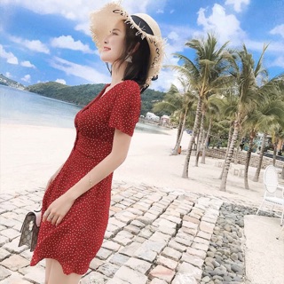 Đầm bi đỏ rối bo eo cổ V, váy noel, váy tết, váy du lịch (kèm hình thật)
