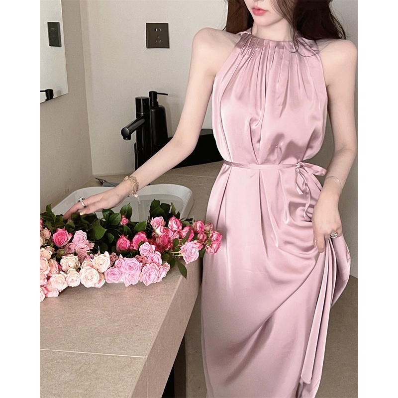 Đầm Satin Cao Cấp Hở Vai Dáng Ôm Sát Nách Cột Dây Thời Trang Pháp Cao Cấp