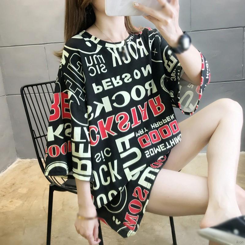 Áo tay ngắn Ngắn Tay In Chữ Dáng Rộng Cho Nữ