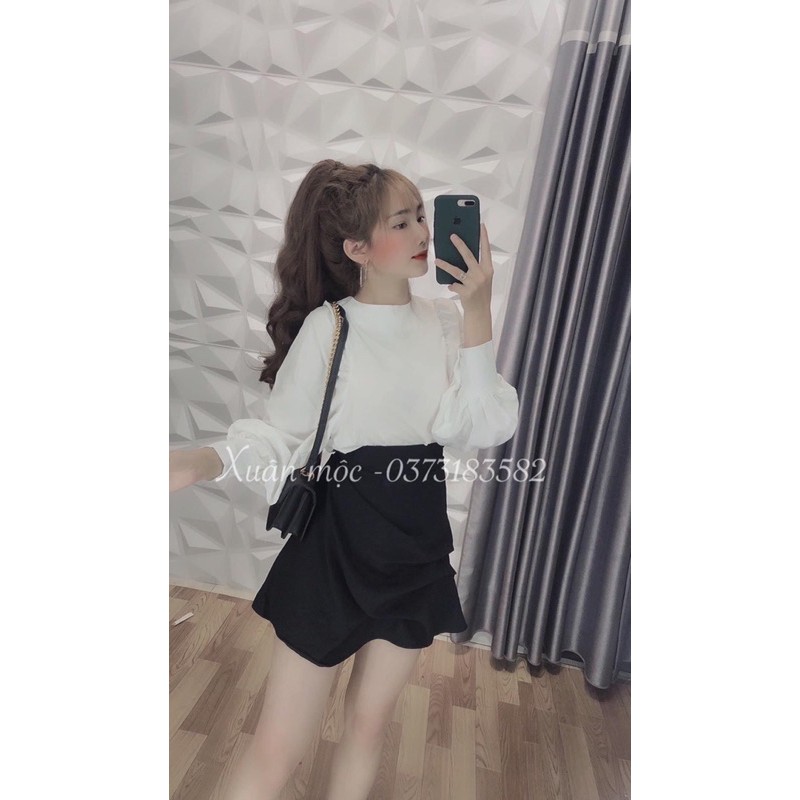 Set áo sơ mi phối chân váy ngắn rúm siêu xinh