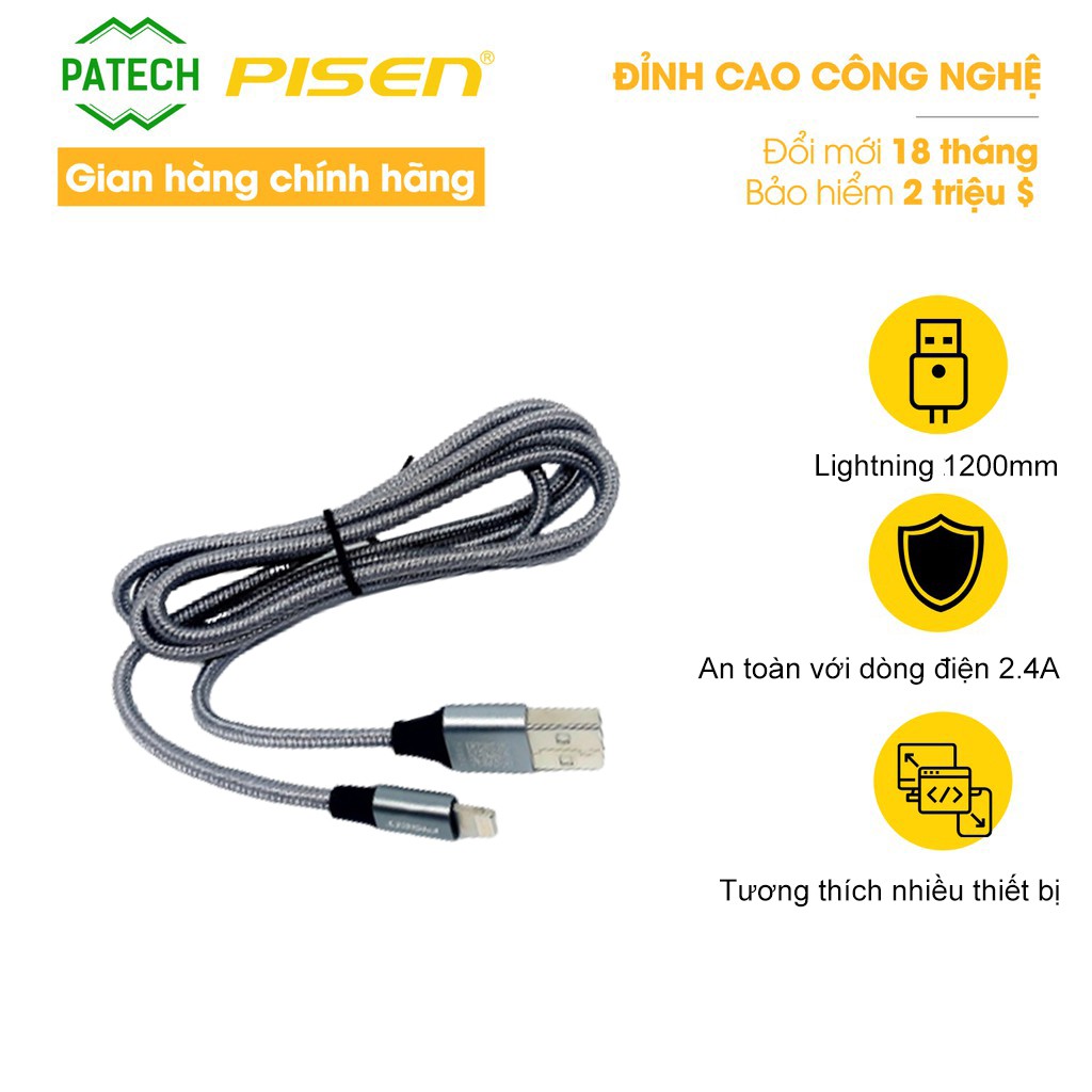 Cáp PISEN Lightning Cloth & Aluminum 2.4A 1200mm - (LS-AL09-1200) - Hàng chính hãng