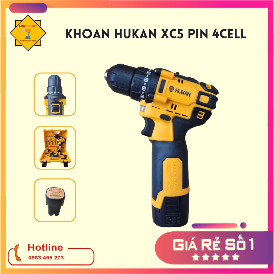Máy khoan pin Hukan XC5 động cơ không chổi than, pin 4cell 18V chính hãng