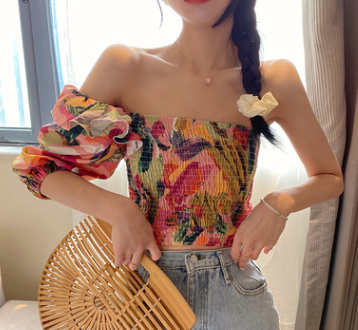 Áo Trễ Vai Tay Lửng Họa Tiết Hoa Thanh Lịch Cho Nữ