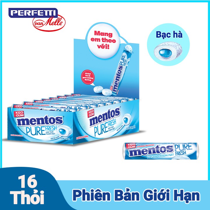 Kẹo Gum Không Đường Mentos Pure Fresh Dạng Thỏi Hương Bạc Hà (Hộp 16 Thỏi)