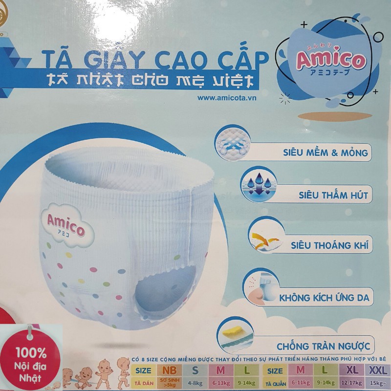 Tã Bỉm Quần AMICO Nội Địa Nhật Cao Cấp cho bé M64/L50/XL44/XXL28