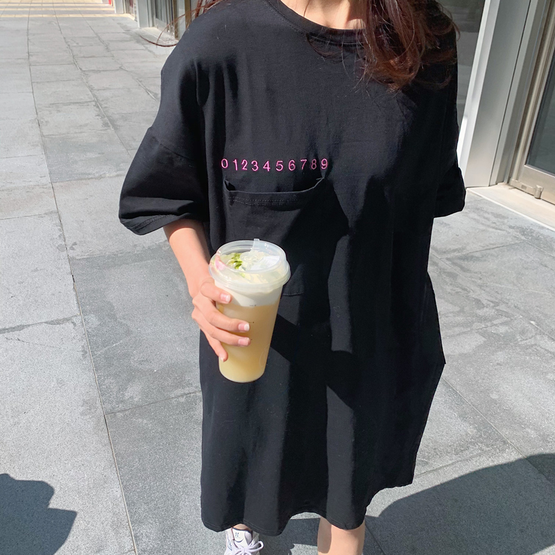 Đầm thun SUXI tay ngắn thêu họa tiết chữ cái phong cách Hàn Quốc thời trang dành cho nữ