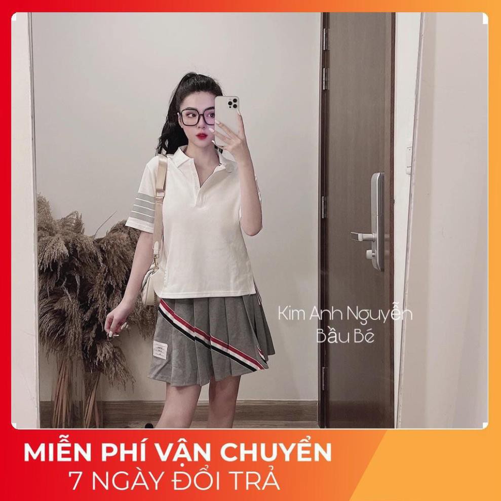 Set Áo Polo Quốc Dân Sọc Tay Mix Chân Váy Ly Ngắn