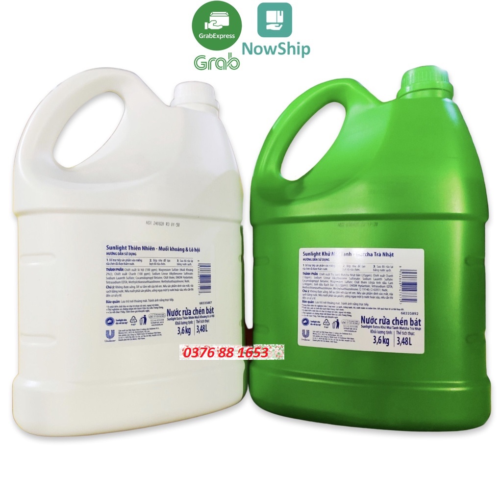 SUNLIGHT Nước rửa chén Trà Xanh, Muối Khoáng Lô Hội Trắng Can 3.6kg 3.6 kg