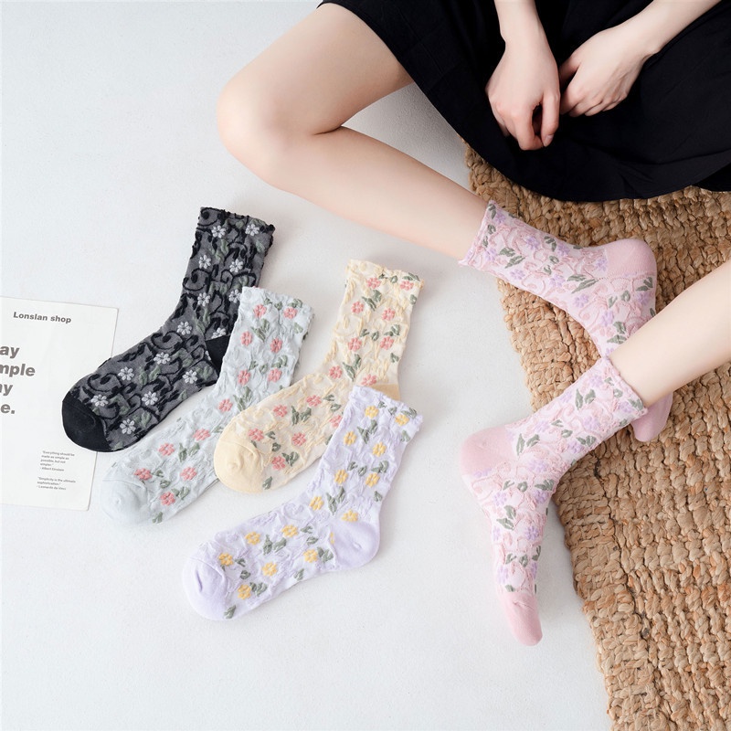 Vớ WAFNHA D243 ống cao vừa in hoa phong cách Hàn Quốc mới cho nữ