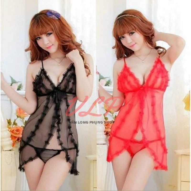 [FREESIZE_60KG]_DN87_Váy ngủ Ren bèo xẻ trước xuyên thấu sexy