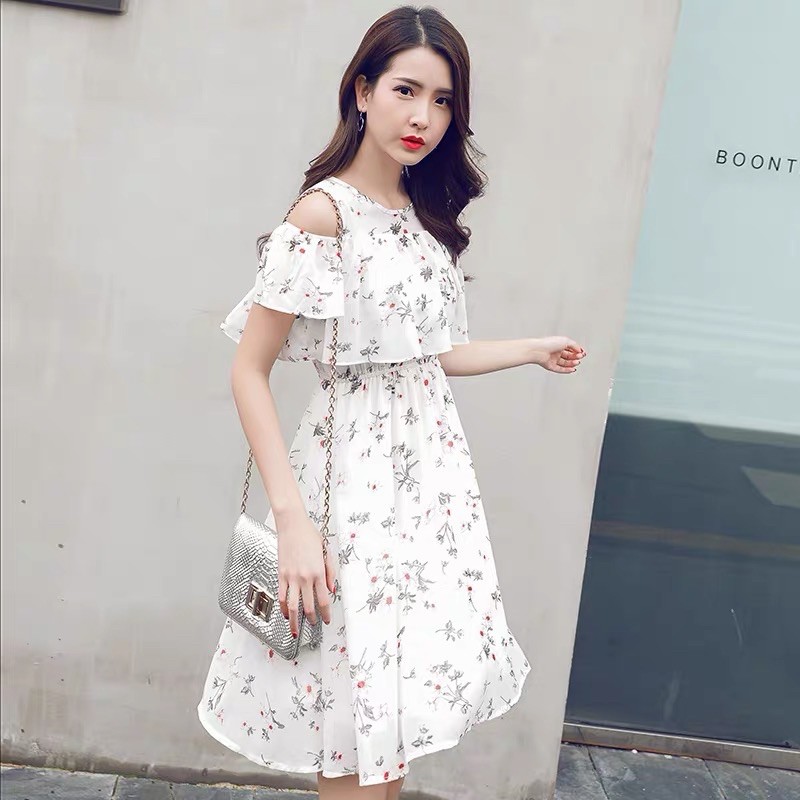 Đầm hoa nhí kiểu trễ vai vintage cực xinh, phong cách ulzzang