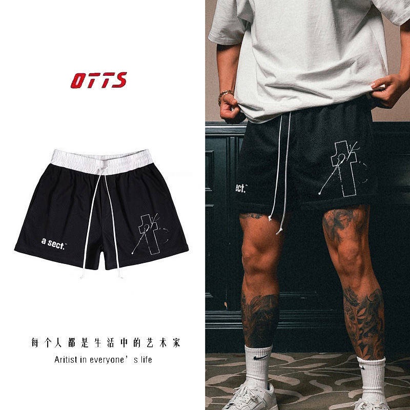 Quần short dáng rộng dây rút thời trang phong cách đường phố Mỹ hai lớp lưới nhanh khô thoáng khí cho nam giới