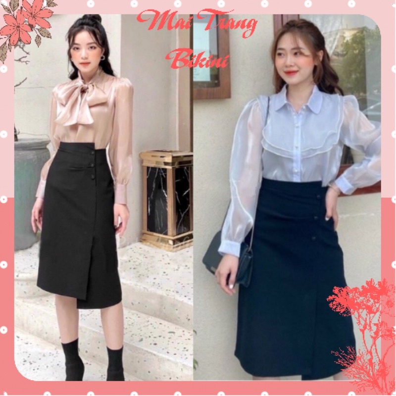 Chân váy dài qua gối xẻ tà công sở, Chân váy dài dập ly lưng cao dáng bút chì – (CV02)