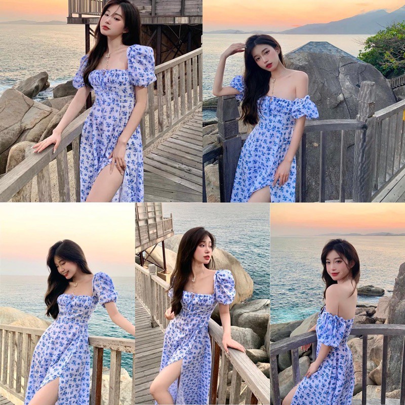 Đầm maxi xẻ hoa xanh dài đi biển | BigBuy360 - bigbuy360.vn