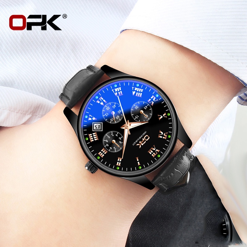 OPK 8120 Watch Men Leather Genuine Waterproof Original Luminous Calendar Blu-ray Fashion