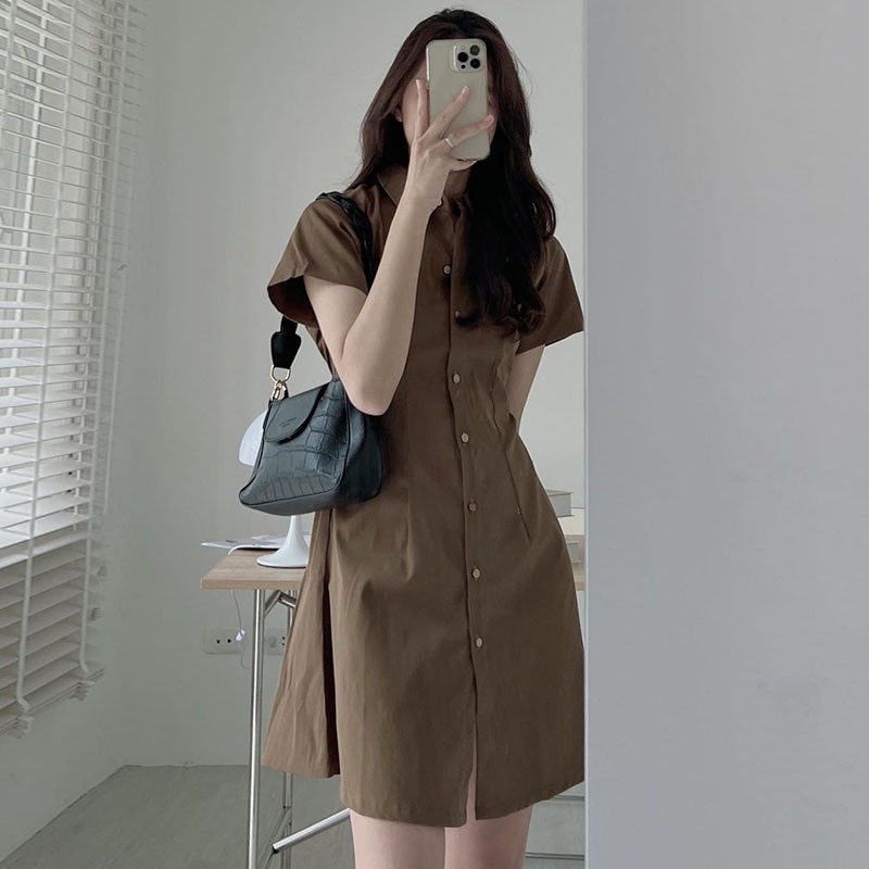 Đầm váy nữ bigsize cổ sơ mi cài cúc chiết eo lưng chun nhiều màu xinh hết nấc váy nữ bigsize Đầm Sơ Mi Ngắn Tay Dáng Ôm Cài Một Hàng Nút Thời Trang Mùa Hè Đơn Giản Cho Nữ
