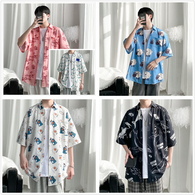 Hong Kong Style Cartoon Floral Printed Loose Sleeve Shirt