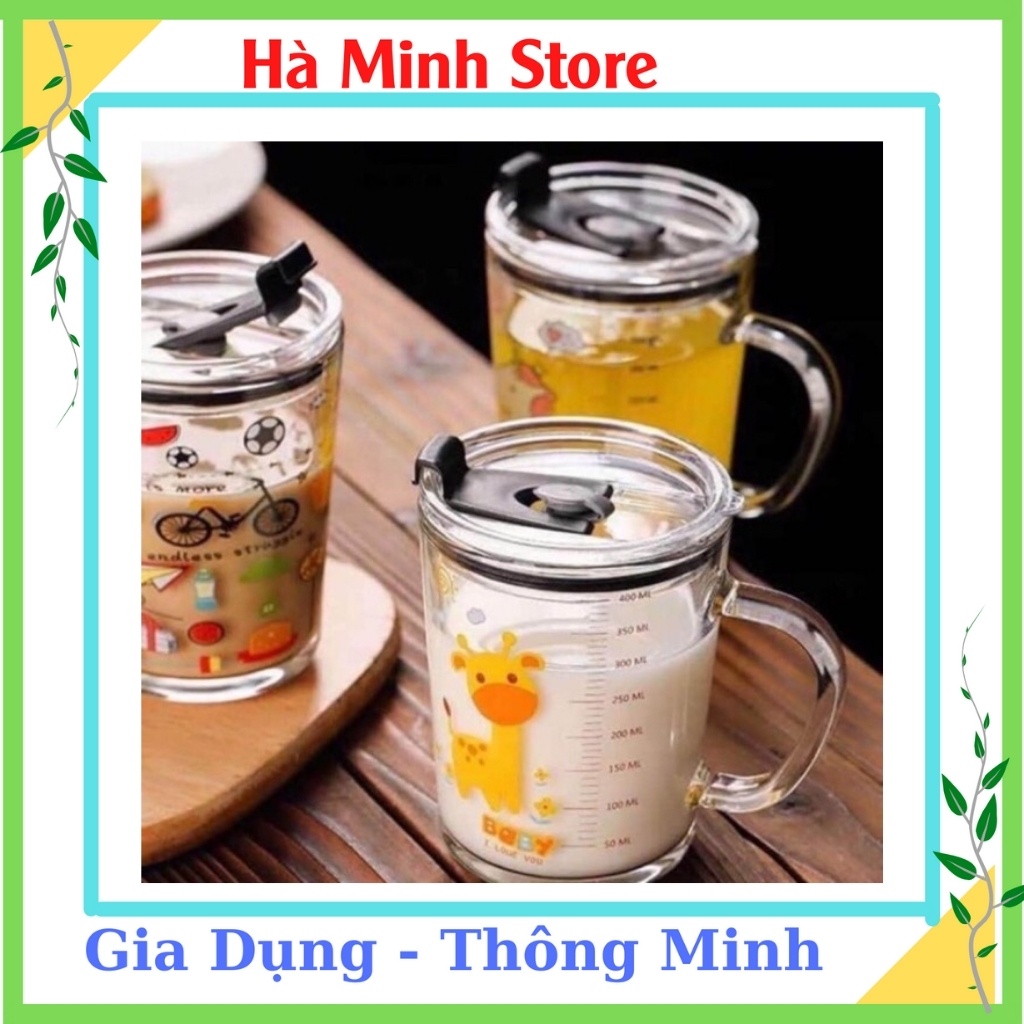 Cốc Thủy Tinh Chia Vạch, Cốc Pha Sữa, Ly Thủy Tinh Chia Vạch, Cốc Uống Nước Cho Bé Có Ông Hút, Nấp Đậy Hà Minh Store