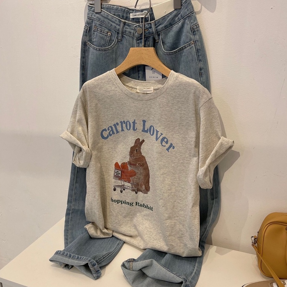 NUZIRO Áo thun  cotton tay ngắn cổ tròn in họa tiết hoạt hình phong cách cổ điển thời trang cho nữ