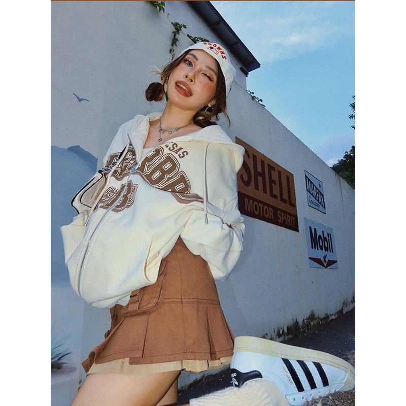 Áo Khoác Cardigan Có Mũ Trùm Bằng Vải Nỉ In Họa Tiết Phong Cách Retro Mỹ Thời Trang 2022 Mới Cho Nữ