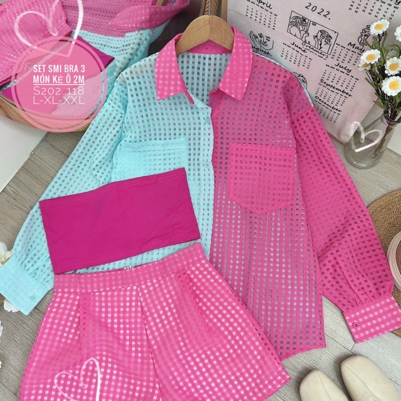 BIGSIZE set Hot sơ mi phối màu mix bra 2022 siêu sang,xịn,thời trang