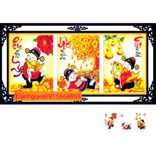 Tranh đính đá phúc lộc thọ thần tài tuyệt đẹp kt 134*45cm