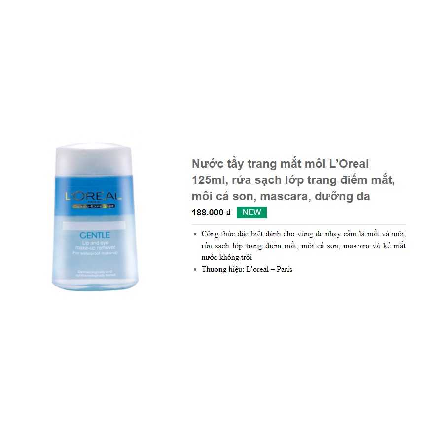 Nước Tẩy Trang Mắt Môi Loreal Dịu Nhẹ Cho Da 125ml