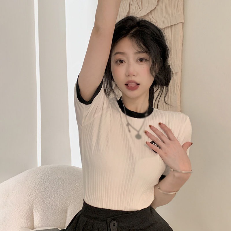 Áo Thun Dệt Kim Tay Ngắn Cổ Tròn Thêu Khối Màu Sắc Retro Hàn Quốc Dành Cho Bạn Nữ