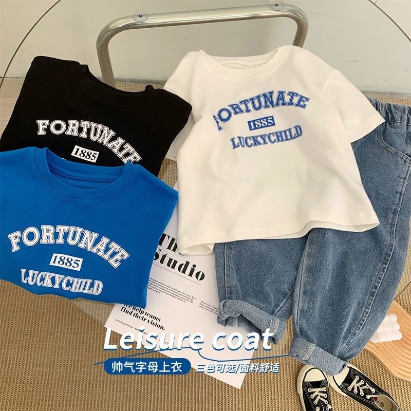 Áo Thun Cotton Cổ Tròn Tay Ngắn Màu Trơn In Họa Tiết Hoạt Hình Phong Cách Hàn Quốc Thời Trang Xuân Hè Cho Bé Trai