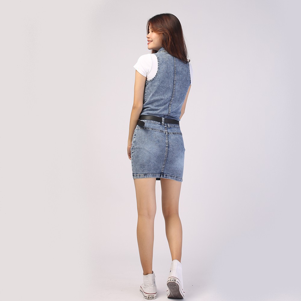 Chân váy liền áo jean HANOIJEAN co giãn - Chân váy ngắn màu xanh nhạt chân váy bò VAY004 | BigBuy360 - bigbuy360.vn