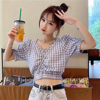 Áo kiểu croptop sọc caro