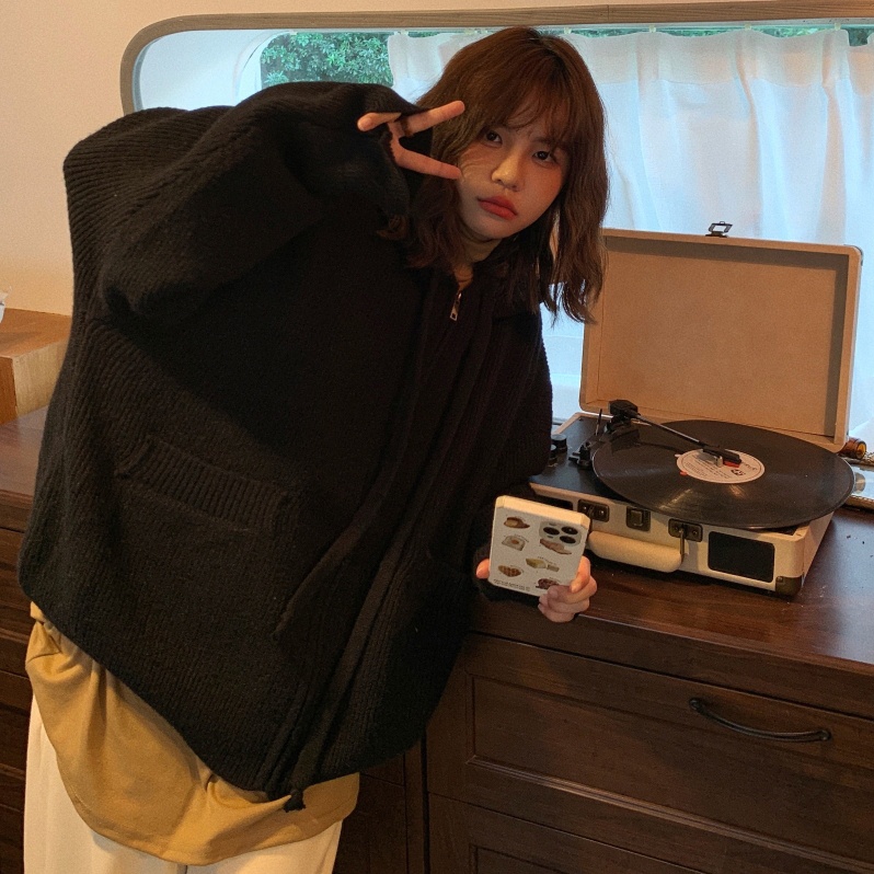 Áo khoác cardigan ZHELIHANGFEI dệt kim tay dài dáng rộng có mũ thời trang phong cách preppy