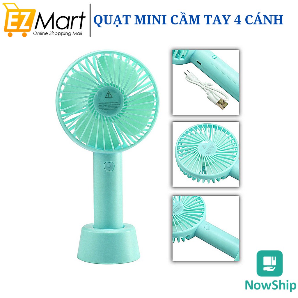 Quạt Mini Cầm Tay 4 Cánh 3 Tốc Độ Gió Có Đế Để Bàn Kèm Pin Sạc - Quạt Để Bàn Mini