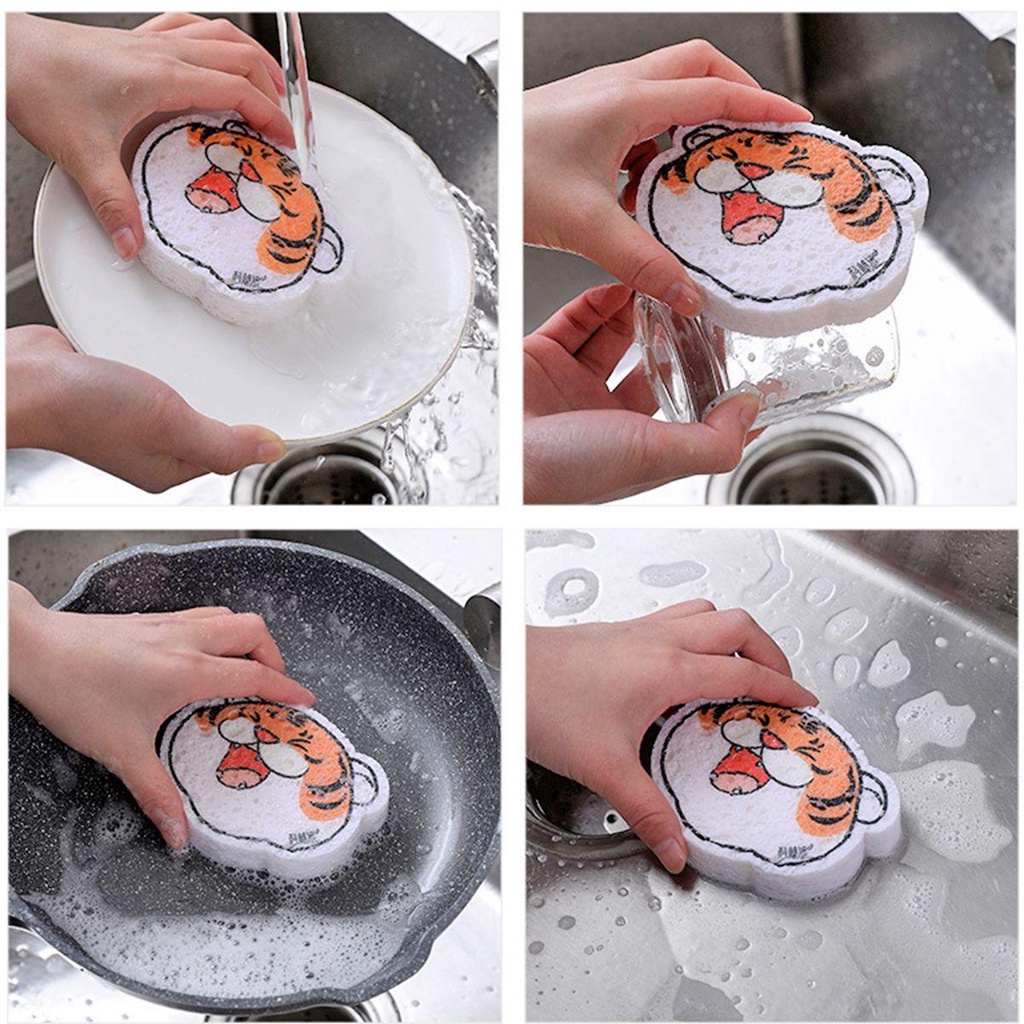 YIYU 1 Bọt Biển Rửa Chén Không Trầy Xước Họa Tiết Hổ Hoạt Hình Đa Năng