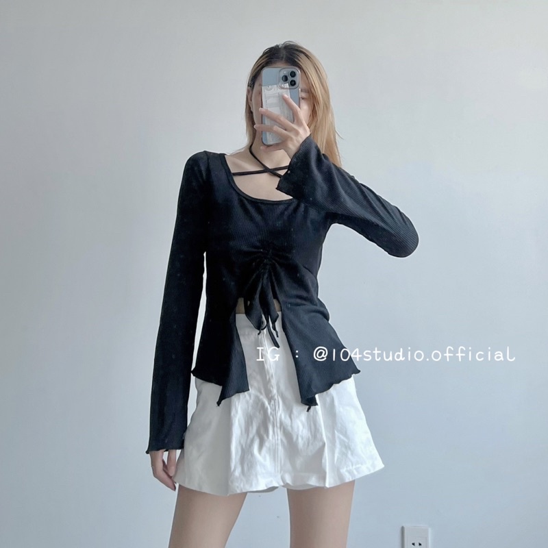 A889 Áo kiểu nữ dây rút tay dài xẻ vạt phong cách quyến rũ