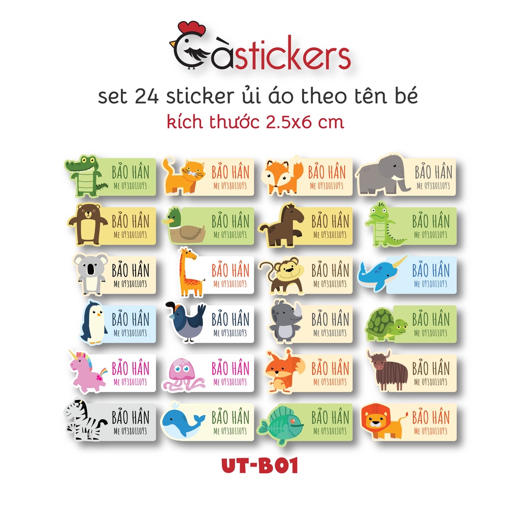 Sticker ủi áo in tên trẻ em GaStickers UT-B01 bộ 24 miếng kích thước 2,5 x 6 cm