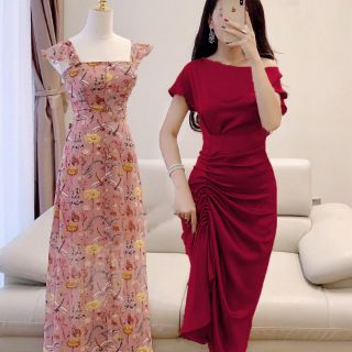 váy đầm phi lụa lệch vai nhún eo_hàng chất loại 1 cao cấp